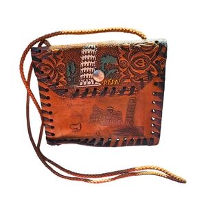 Vintage Brown and Black Tooled Leather Small Souvenir Bag